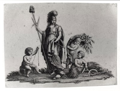 Alegoría de la República Cisalpina (Cisalpina) creada por Napoleón Bonaparte el 27/06/1797 en el modelo francés en Italia, que se convirtió en la República Italiana en 1802. Los símbolos de la República Francesa están representados. Grabado Museo del Risor de Unknown artist