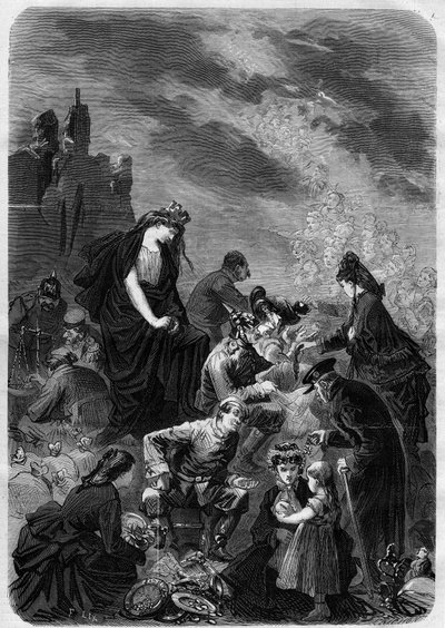 Alegoría: la suscripción patriótica para el desarrollo del territorio francés (Alsacia y Lorena) bajo la ocupación de Prusia. Grabado en "L