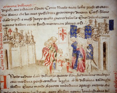 Alianza del Rey de Francia, Carlos VI, con la comuna de Florencia en 1396 - en “Crónicas del Sercambi”, circa 1400. Archivo Nacional, Lucca de Unknown artist