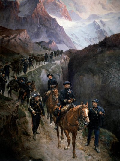 Cazadores alpinos en las montañas en 1890. Pintura anónima de Unknown artist