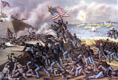 Guerra Civil Americana (1861-1865): ataque al Fuerte Wagner en la Isla Jekill frente a Georgia por 2000 voluntarios negros en julio de 1863. Grabado del siglo XIX de Unknown artist