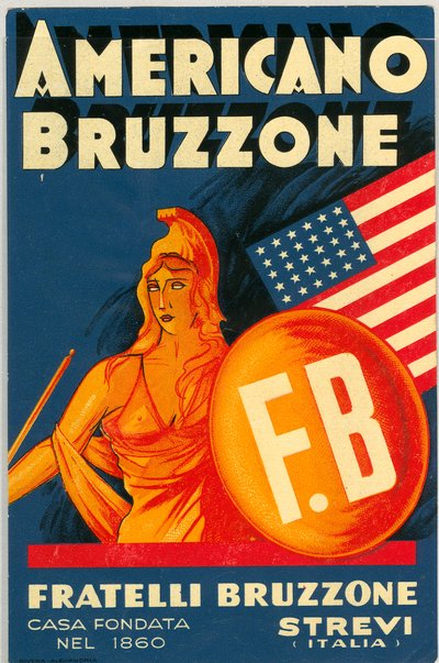 Anuncio de alcohol Americano Bruzzone con una bandera americana de Unknown artist