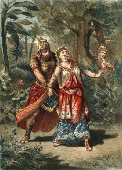 Amestris, esposa de Jerjes, rey de los persas, es secuestrada por un sirviente de Artaynte. En “El Culto de la Hermosura” de Juan Justo Huguet, Molinas Hermanos editores. de Unknown artist