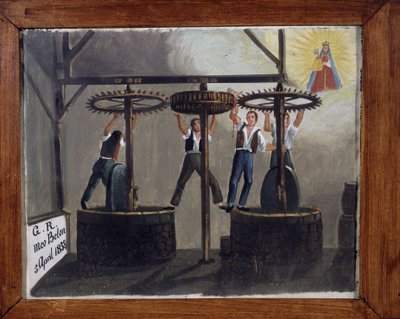 Un accidente en la prensa de aceite de oliva - exvoto de Notre Dame de Laghet de Unknown artist