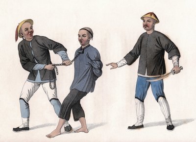 Un acusado es llevado a prisión, atado por una cadena alrededor de su cuello. Grabado, en "Los Castigos de los Chinos", Londres de Unknown artist