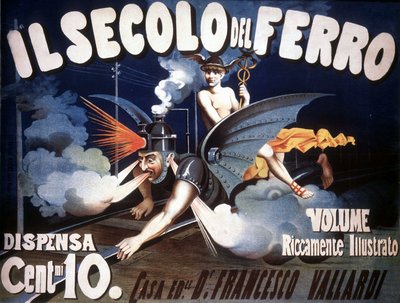 Representación alegórica de una máquina mitad tren, mitad dragón con rostro humano simbolizando el progreso. 