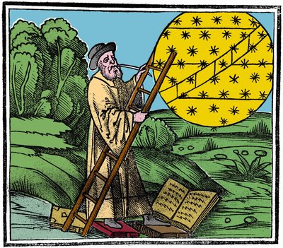 Un astrónomo poniendo una escalera para subir al cielo. de Unknown artist