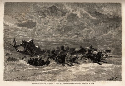 Un trineo esquimal y su equipo de perros, la forma más rápida y confiable de viajar en el Ártico. Grabado para ilustrar el viaje al mar libre del polo Ártico, por el Doctor Hayes, cirujano de la Marina de los Estados Unidos, en 1860-1862, publicado en 