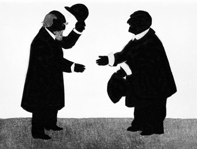 Un encuentro imaginado entre Eduard Hanslick (1825 - 1904), musicólogo austriaco y el compositor Anton Bruckner (1824 - 1896). Sombra china. de Unknown artist