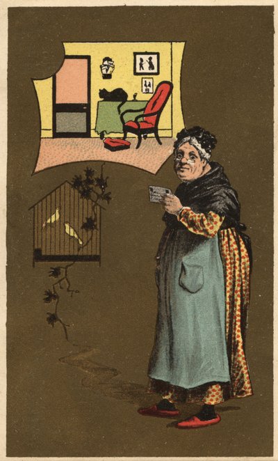 Una anciana sosteniendo una taza cerca de una jaula con pájaros. Cromolitografía anónima, finales del siglo XIX. de Unknown artist