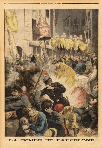Ataque anarquista en Barcelona, explosión de una bomba en la procesión que salía de la iglesia de Santa María, calle nuevos cambios. Grabado en “Le petit journal” 21/06/1896. Colección Selva. de Unknown artist