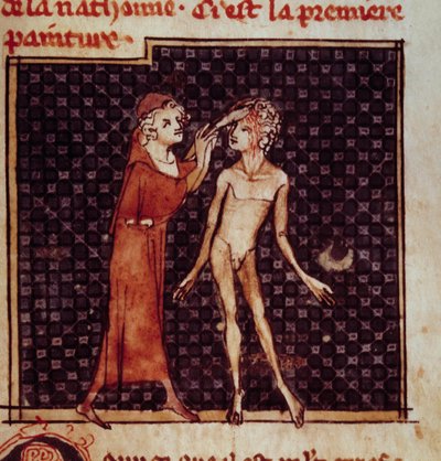 Figura anatómica: El cirujano incide la frente de un paciente. Miniatura del manuscrito “Cirugía” (Folio 8) escrito por Henri de Mondeville (cirujano de Philippe Le Bel profesor de anatomía) de Unknown artist