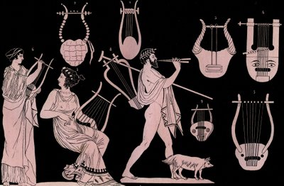 Instrumento musical griego antiguo: Lira y Cítara - grabado de “Usi e Costumi di Tutti i Popoli dell