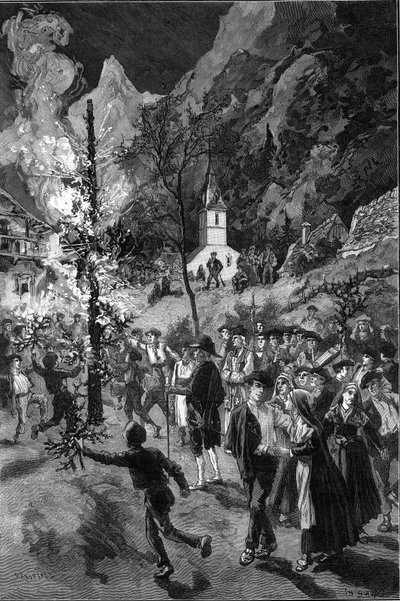 Costumbres antiguas y fiesta tradicional: el fuego de San Juan en el Valle de Aure (Altos Pirineos, Francia). Grabado en “Le Monde Illustré”. de Unknown artist