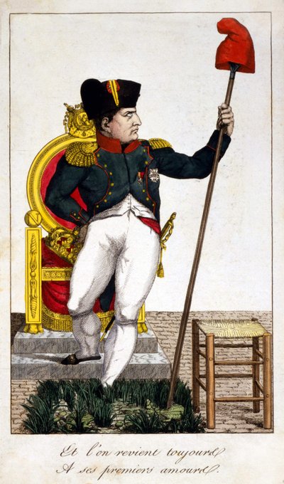 Y siempre volvemos a su primer amor, una caricatura sobre Napoleón I tomando el poder en 1815 (Episodio de los Cien Días) de Unknown artist
