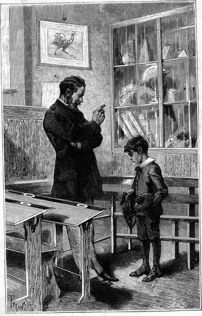 André Gaudry reprendido por su maestro. Grabado en "Le journal de la jeunesse" de Unknown artist
