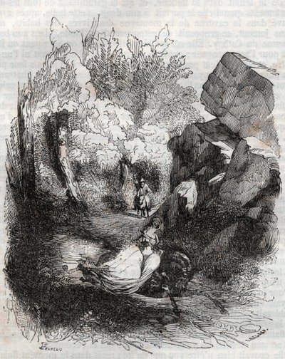 Angélica huyendo del viejo ermitaño - grabado de 1851 de 