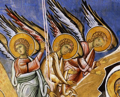 Ángeles de la Anunciación, fresco (1192), Iglesia de Panayia Tou Araka (Iglesia de Nuestra Señora de Pea) (Lista del Patrimonio Mundial de la Unesco, 2001), Lagoudhera, montañas de Troodos, Chipre de Unknown artist