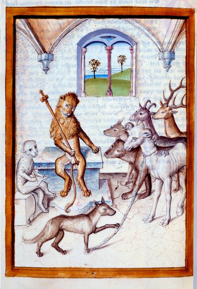 Animales en postura humana: El león, rey de los animales, da órdenes a cabras, ciervos y asiste a un felino en postura de escriba. Miniatura de las “Fábulas” de Bidpai traducidas al alemán de Unknown artist
