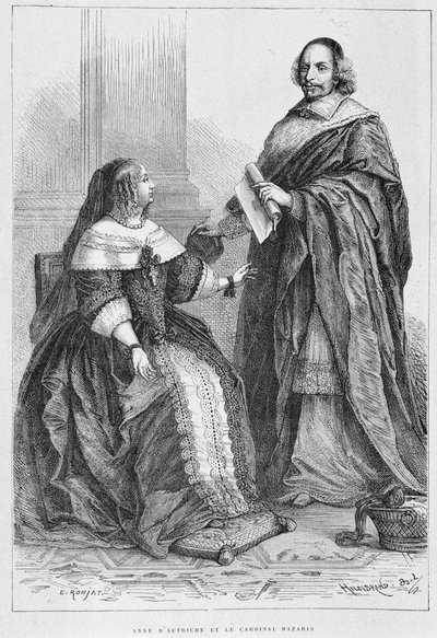 Ana de Austria y el Cardenal Jules Mazarin (Giulio Raimondo Mazzarino o Mazarino) (1602-1661) - Grabado, en Histoire de France desde los tiempos más remotos hasta 1789 por M. Guizot de Unknown artist