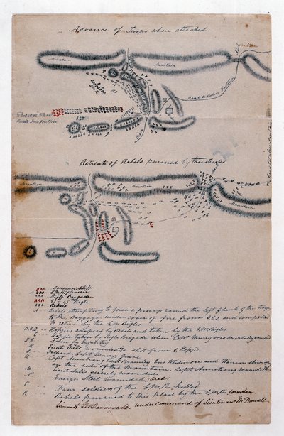 Mapa esquemático anotado de la Batalla de Boomplaats, 29 de agosto de 1848 de Unknown artist