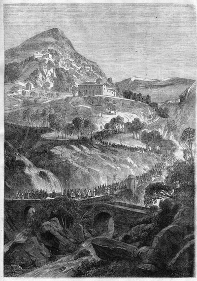 Peregrinación anual del 21 de marzo al convento de San Benito en el Monte Cavo (Colli Albani) cerca de Roma - Grabado de 1868 de Unknown artist