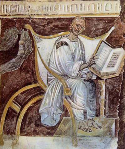 Anónimo (alrededor del siglo VI). El retrato más antiguo de San Agustín (354 - 430). Roma. Palazzo Lateranense, Scala Santa (Escalera Santa). Facsímil de Unknown artist