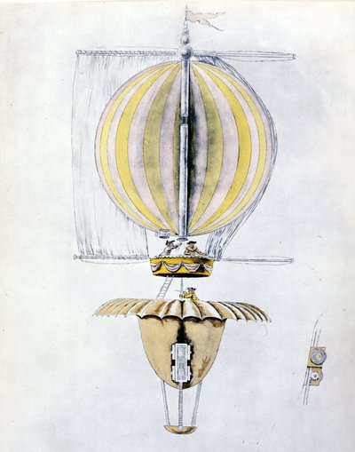 Dibujo anónimo de un dirigible con un paracaídas cónico de Unknown artist