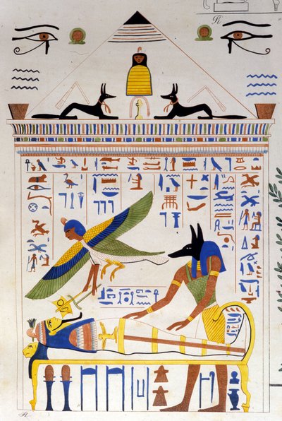 Anubis cuida de la momia mientras el alma del difunto vuela para la transmigración - en "Monumentos de Egipto y Nubia Superior" de Ippolito Rosellini de Unknown artist