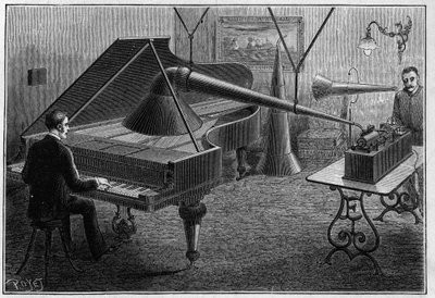 Aparato para grabar una pieza de piano con el fonógrafo, una invención de Thomas Alva Edison (1847-1931). Grabado en "La Nature. Revue des sciences et de ses aplicaciones aux arts et a l