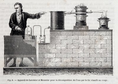 Aparato de Antoine Laurent de Lavoisier y Meusnier para la descomposición del agua por hierro calentado al rojo - en “Les merveilles de l
