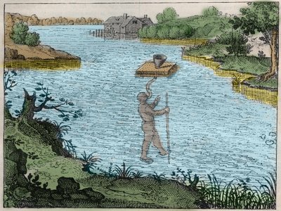 Aparato para permitir al buzo respirar bajo el agua - Método utilizado por los ancianos para cruzar los ríos - grabado en “Utriusque cosmi maioris scilicet et minoris metaphysica, physica atque technica Historia” de Unknown artist