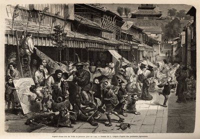 Apariencia de una calle en Edo (Tokio) el primer día del año, los habitantes travestidos pasean y los juegos infantiles son omnipresentes: cometas de papel, puntadas, trompos y aros, raquetas, cachorros y efigies hechas de papel maché, entre de Unknown artist