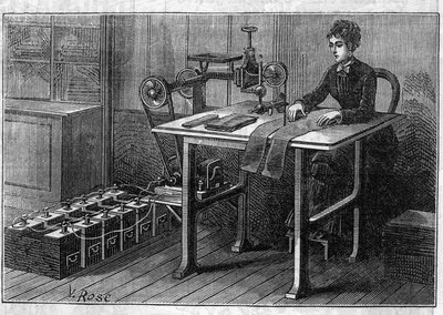 Aplicación de baterías Faure: máquina de cortar tela operada por el acumulador. Grabado en "Le Monde Illustré" de Unknown artist