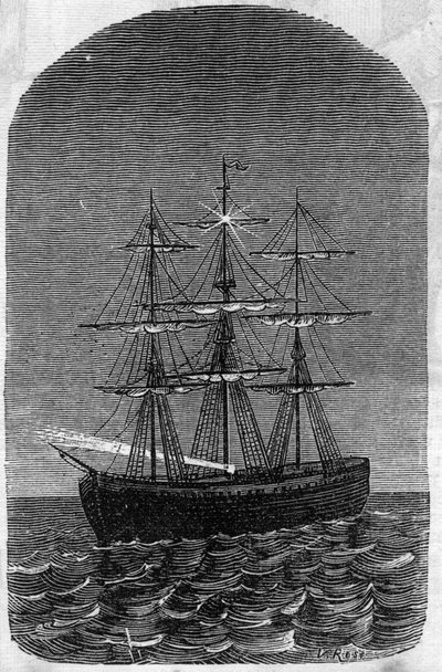 Aplicación de baterías Faure: barco en alta mar iluminado por electricidad. Grabado en "Le Monde Illustré" de Unknown artist