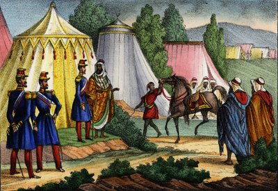 Líder árabe ofreciendo un caballo a un oficial del ejército francés de África, Argelia de Unknown artist