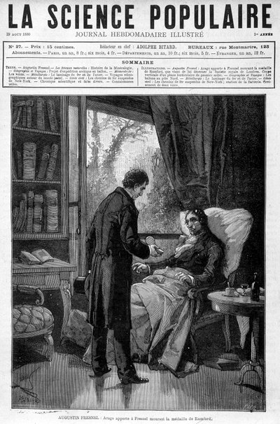 Arago lleva a Augustin Fresnel moribundo la medalla de Benjamin Thompson Conde de Rumford - en “Ciencia Popular” del 19/08/1880 de Unknown artist