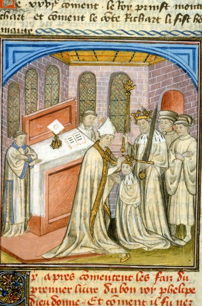 El arzobispo corona a Felipe Augusto en 1179 - Iluminación de la Edad Media (ref. 512, 226r) Solicitar permiso a la Biblioteca Municipal de Toulouse (tel: 05 62 27 66 66) de Unknown artist
