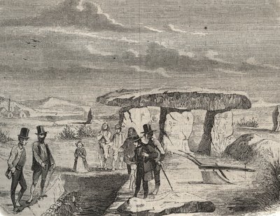 Excavaciones arqueológicas: descubrimiento de tumbas galas cerca del Dolmen de la Pierre aux Fées en el Oise (60). Grabado de 1856 en "Le Musée Des Sciences". de Unknown artist