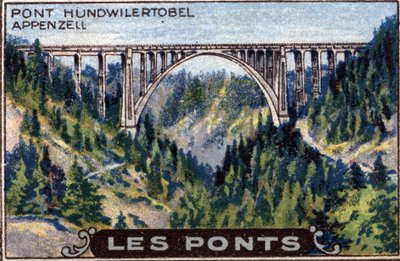 Arquitectura e ingeniería civil: representación del puente Hundwilertobel en el cantón de Appenzell, Suiza, serie sobre puentes, principios del siglo XX (cromo) de Unknown Artist
