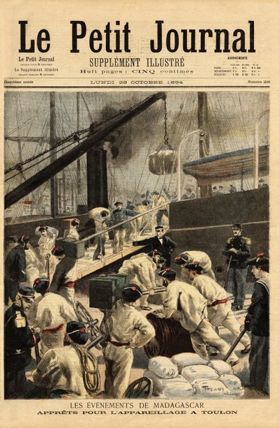 Armamentos en Toulon de los cruceros Dupetit-Thouars y Laperouse, y embarque de 15,000 tropas, para una expedición a Madagascar, por decisión de Theophile Delcasse (1852-1923) ministro colonial. Grabado en "Le petit journal" 29/10/1894. Colección de Selva de Unknown artist