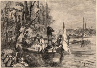 Alrededor de París en 1857. Los canoístas en Asnières. Grabado en “Le Monde illustrious” de 1857. Colección privada. de Unknown artist