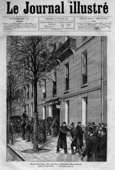 Arresto en 1883 de Jerome Bonaparte llamado Plon-Plon (Plonplon) (1822-1891) (Napoleón-Jerome Bonaparte o Príncipe Jerome Napoleón), hijo de Jerome Bonaparte (1784-1860) - portada de “El Diario Ilustrado” de 1883 de Unknown artist