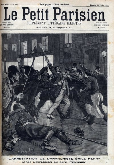 Arresto del anarquista Emile Henry (1872-1894) después de la explosión del café "Terminus" en París. Grabado en "Le Parisien" de Unknown artist