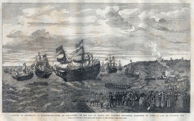 Llegada de Federico V del Palatinado (1596-1632) al puerto de Gravesend para casarse con la princesa Isabel de Inglaterra (1596-1662), hija del rey Jacobo I (1566-1625) el 16 de octubre de 1612. Fue recibido por James Hay (1er Conde de Carlisle) (circa 158 de Unknown artist