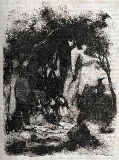 Llegada de Rodomont y Mandricard a la fuente de Merlín - grabado de 1851 de “Roland furieux” (Orlando furioso) (siglo XVI) por Ludovico Ariosto, conocido como el Ariosta - Edición traducida del italiano por el Conde de Tressan y publicada por Gustave Harva de Unknown artist