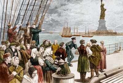 Llegada de emigrantes a Nueva York en 1887 (al fondo, la estatua de la Libertad). de Unknown artist