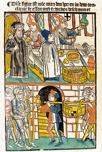 Llegada de alimentos para que los miembros del Concilio de Constanza (1417) durante el cual fue elegido el Papa Martín V pudieran comer. “Das Concilium”. de Unknown artist