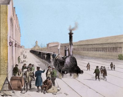 Llegada del tren de carga de la línea París-Orleans - Grabado del siglo XIX - Colección privada. de Unknown artist