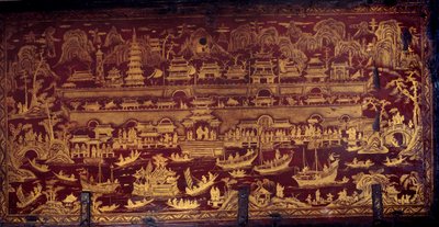 Llegada de los portugueses a Nanjing (Nanjing o Namquin), China. Tapa de caja cubierta con pintura roja y dorada. Siglo XVII. Porto, Museo Nacional de Unknown artist